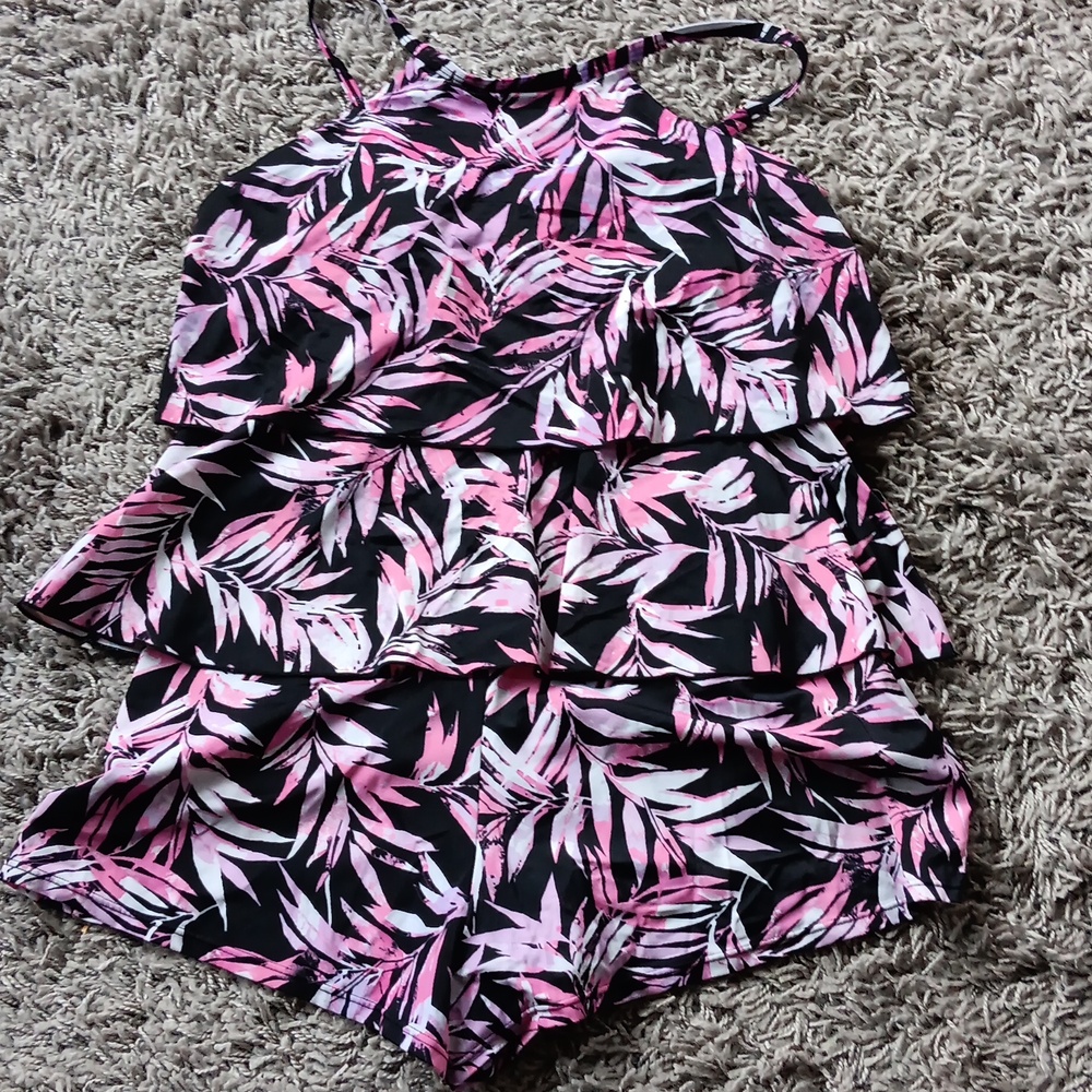 Pink and Black Leaf Print Womans Romper/swimsuit